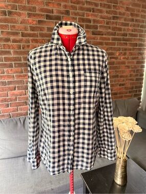 J.Crew Navy and White Check Long-Sleeve Perfect Shirt